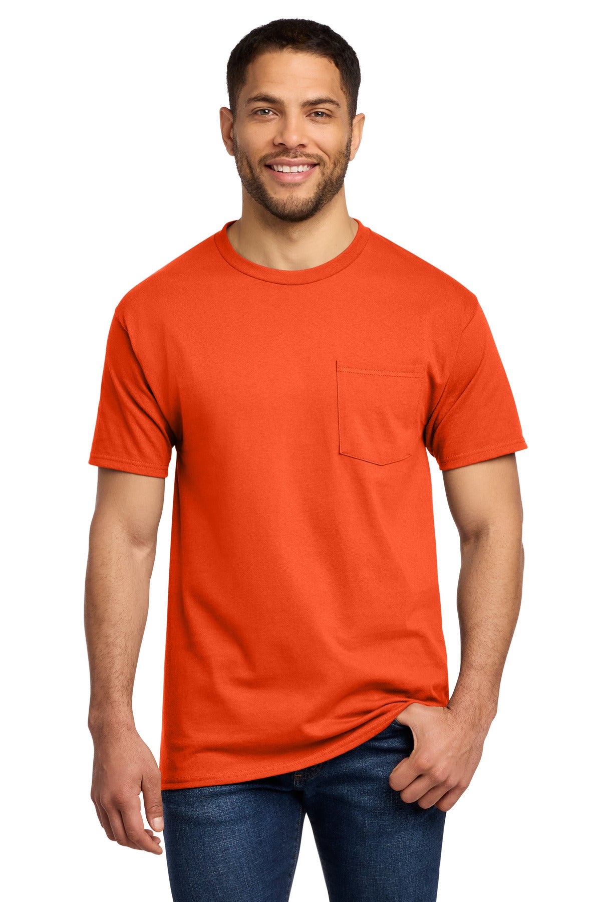 Front View of Orange Port & Co Tall Essential Pocket Tee. PC61PT plain