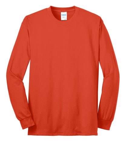 Front View of Orange Port & Co Tall Long Sleeve Core Blend Tee. PC55LST plain