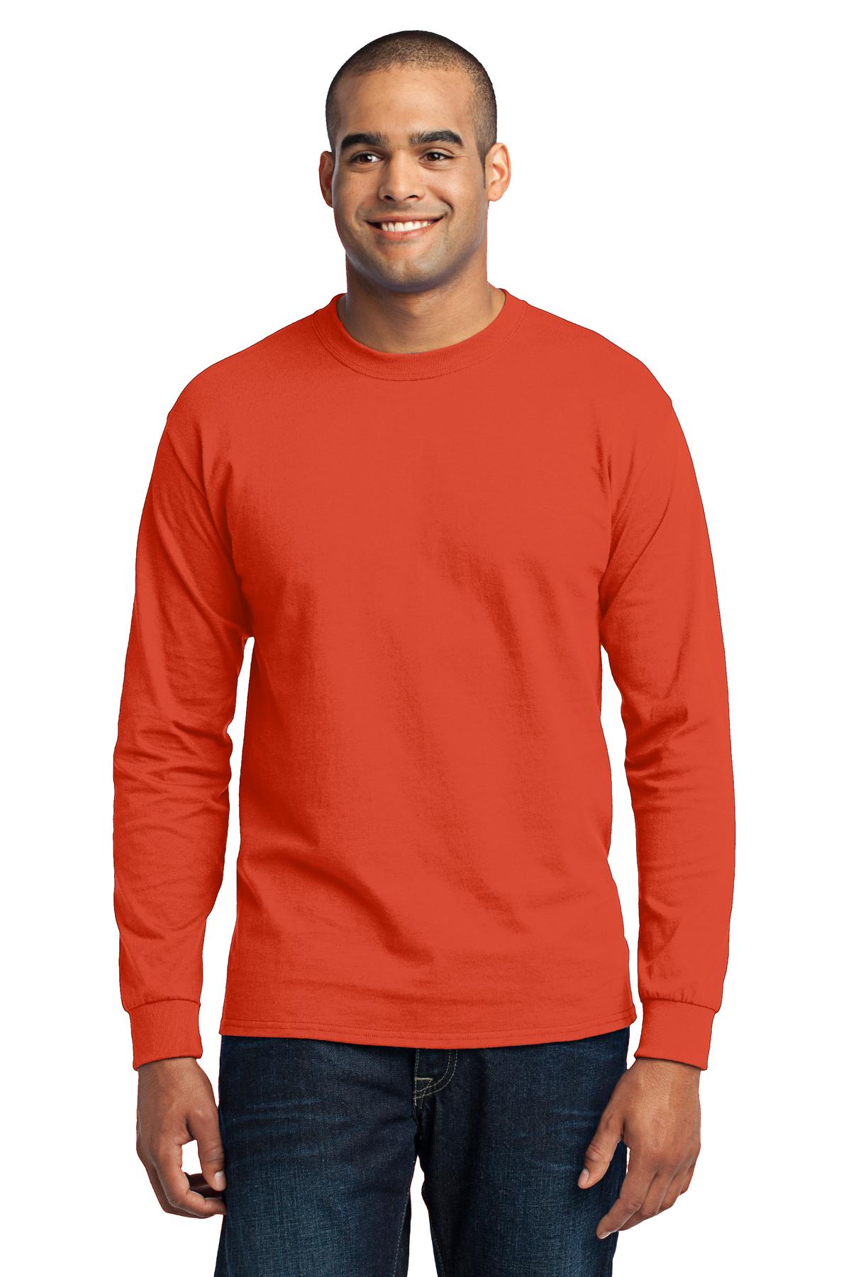 Front View of Orange Port & Co Tall Long Sleeve Core Blend Tee. PC55LST plain