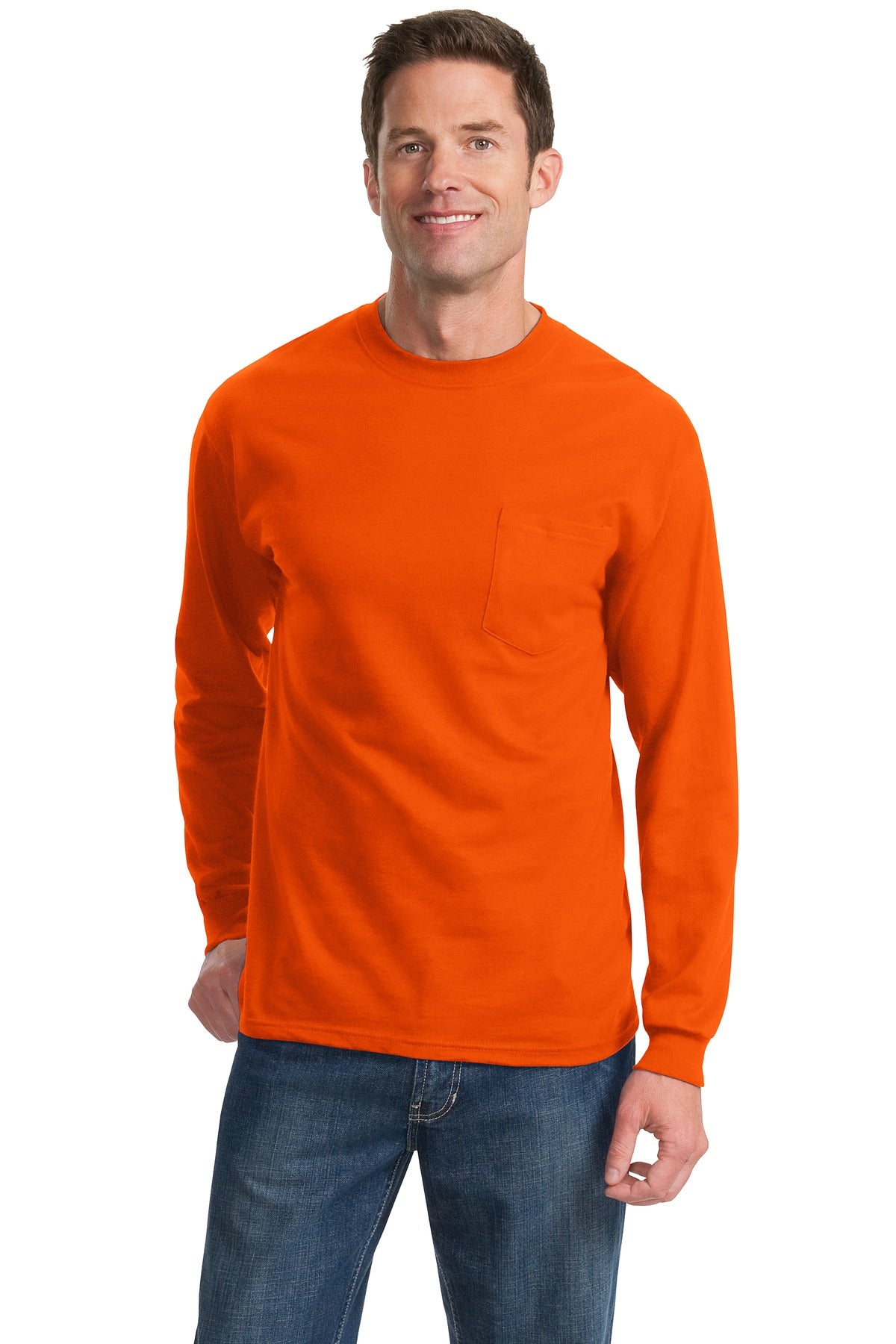 Front View of Orange Port & Co Tall Long Sleeve Essential Pocket Tee. PC61LSPT plain