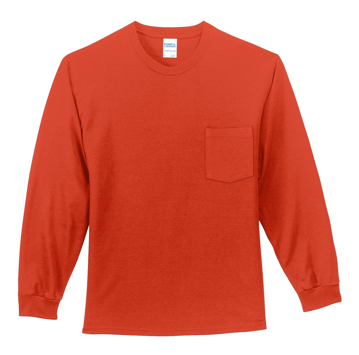 Front View of Orange Port & Co Tall Long Sleeve Essential Pocket Tee. PC61LSPT plain