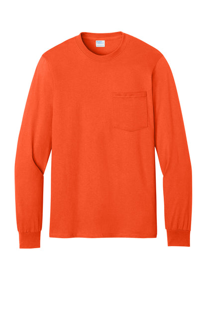 Front View of Orange Port & Co Tall Long Sleeve Essential Pocket Tee. PC61LSPT