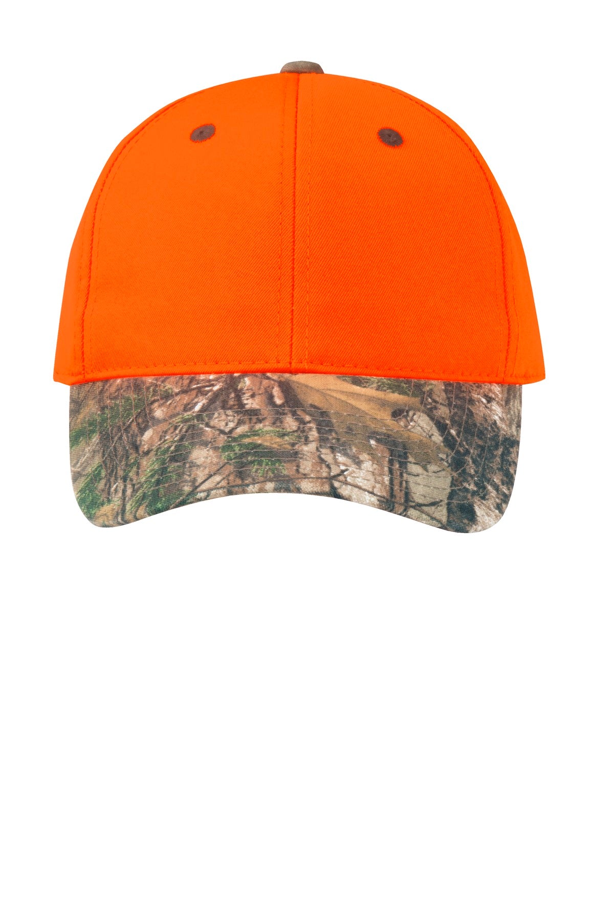 Front View of OrngBlaze/RT X Port Authority Enhanced Visibility Cap with Camo Brim. C804 plain