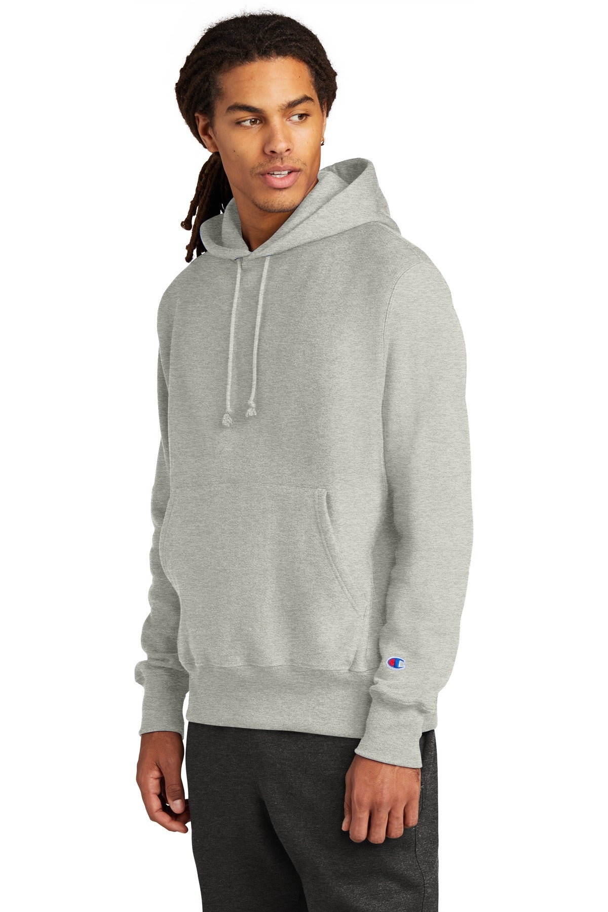 Front View of OxfordGrey Champion Reverse Weave Hooded Sweatshirt S101 plain