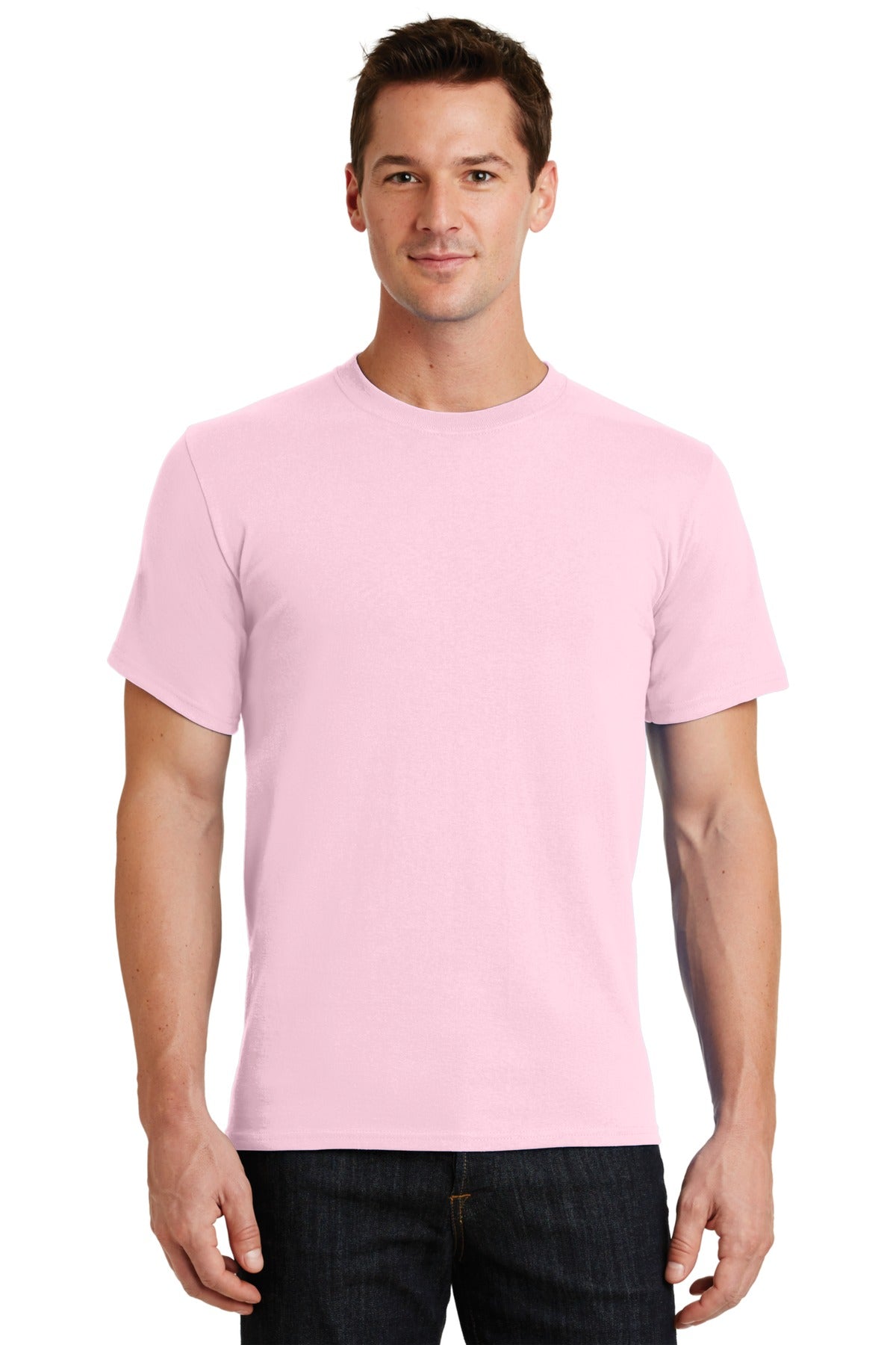 Front View of Pale Pink Port & Co Essential Tee. PC61 plain