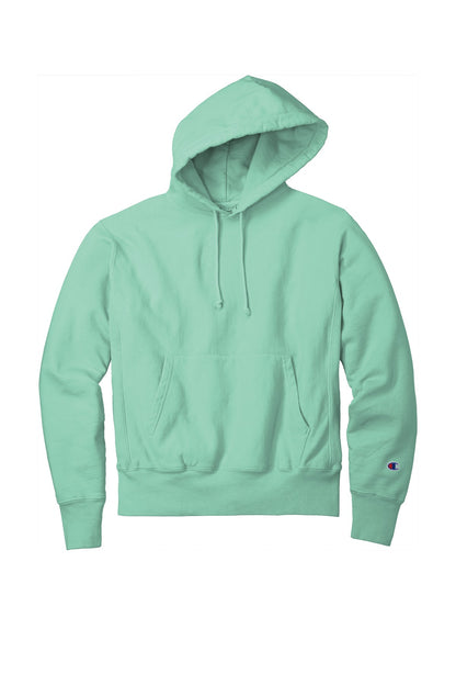 Front View of PaleSeafm Champion Reverse Weave Garment-Dyed Hooded Sweatshirt. GDS101 plain