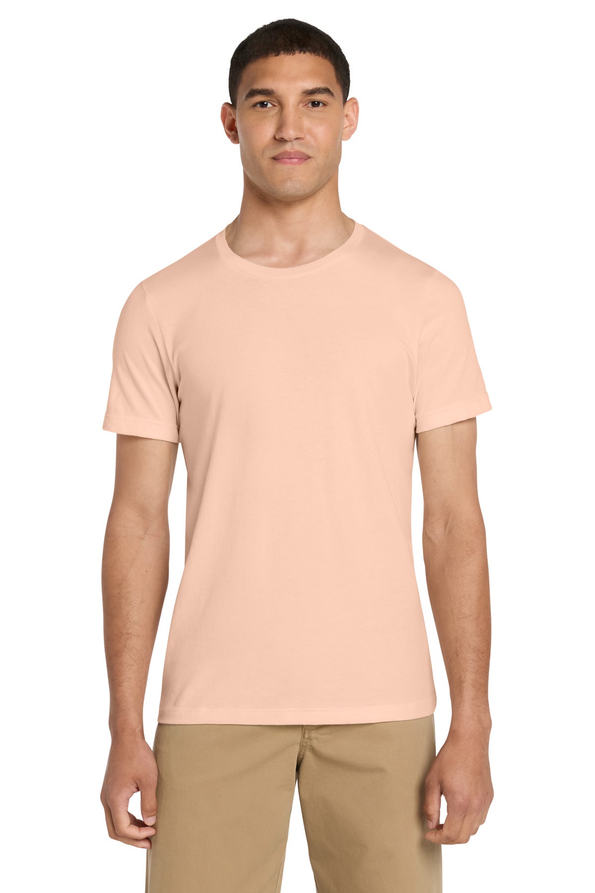 Front View of Peach BELLA+CANVAS Unisex Jersey Short Sleeve Tee. BC3001 plain