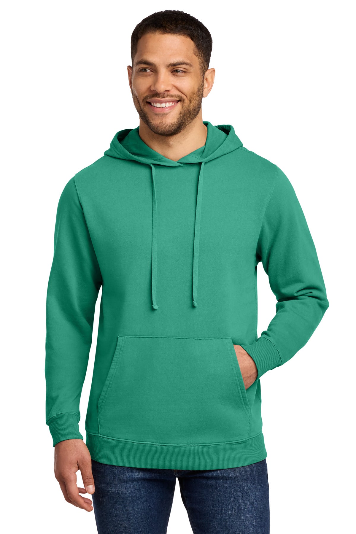 Front View of Peacock Port & Co Beach Wash Garment-Dyed Pullover Hooded Sweatshirt. PC098H plain