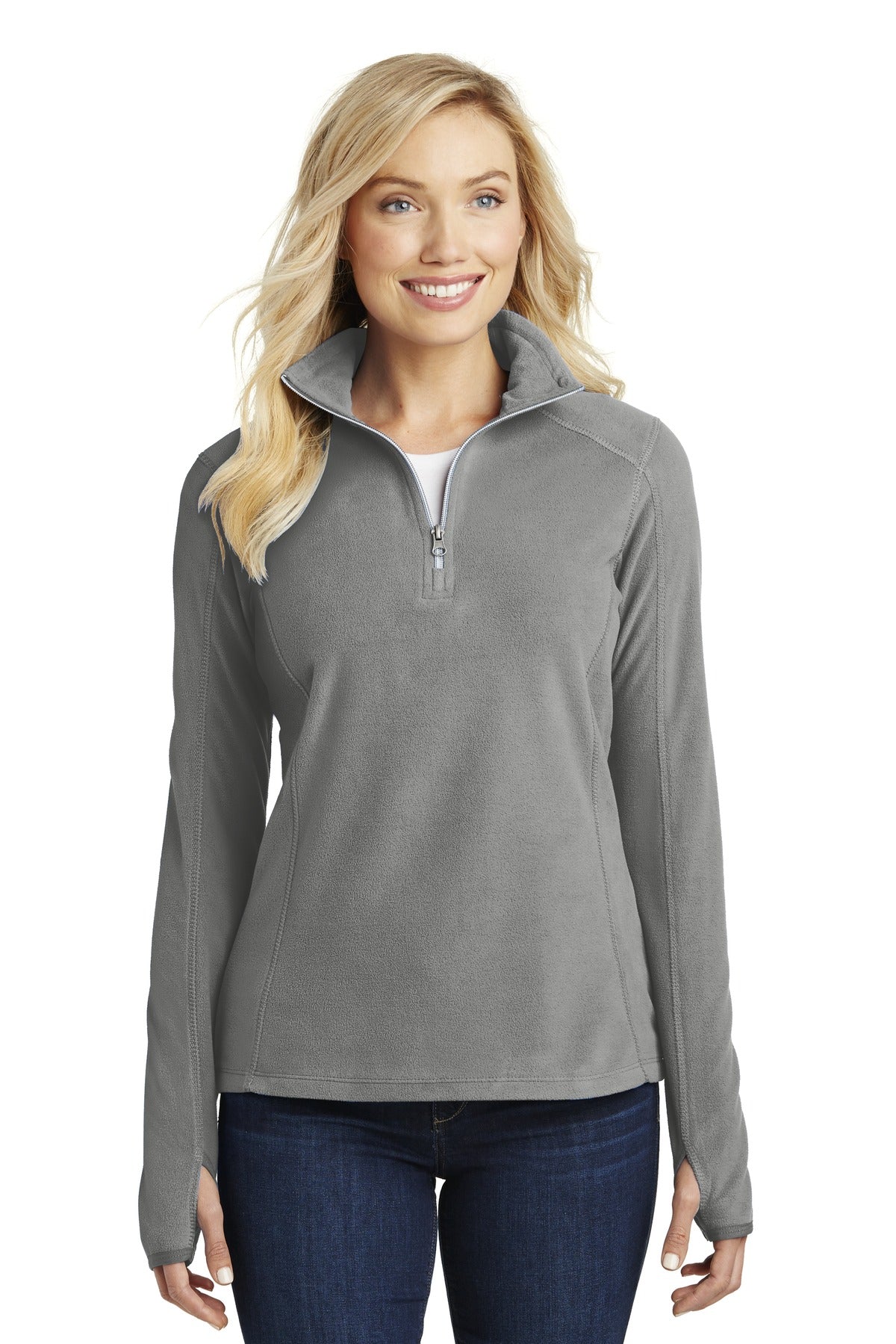 Front View of Pearl Grey Port Authority Women's Microfleece 1/2-Zip Pullover. L224 plain