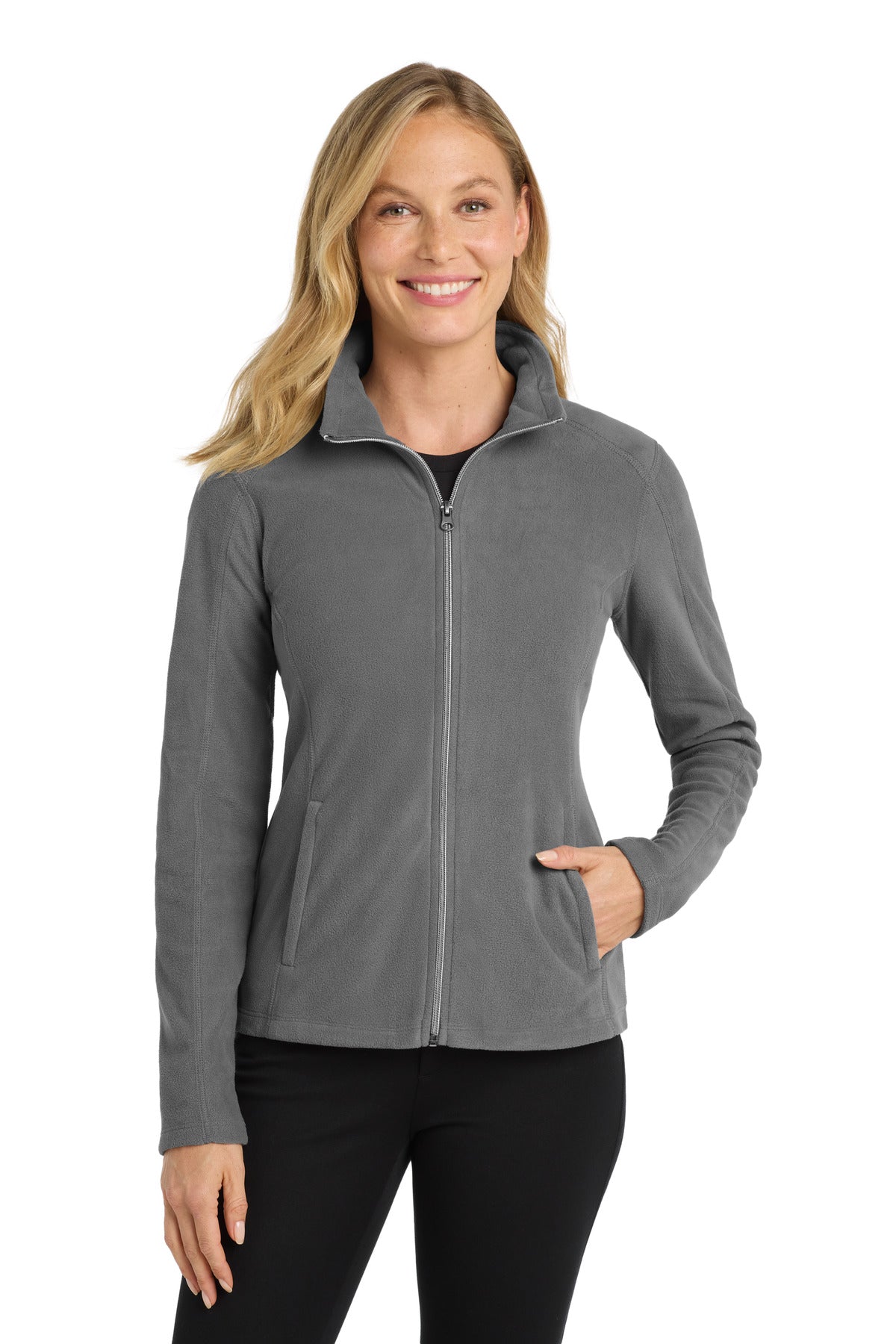 Front View of Pearl Grey Port Authority Women's Microfleece Jacket. L223 plain
