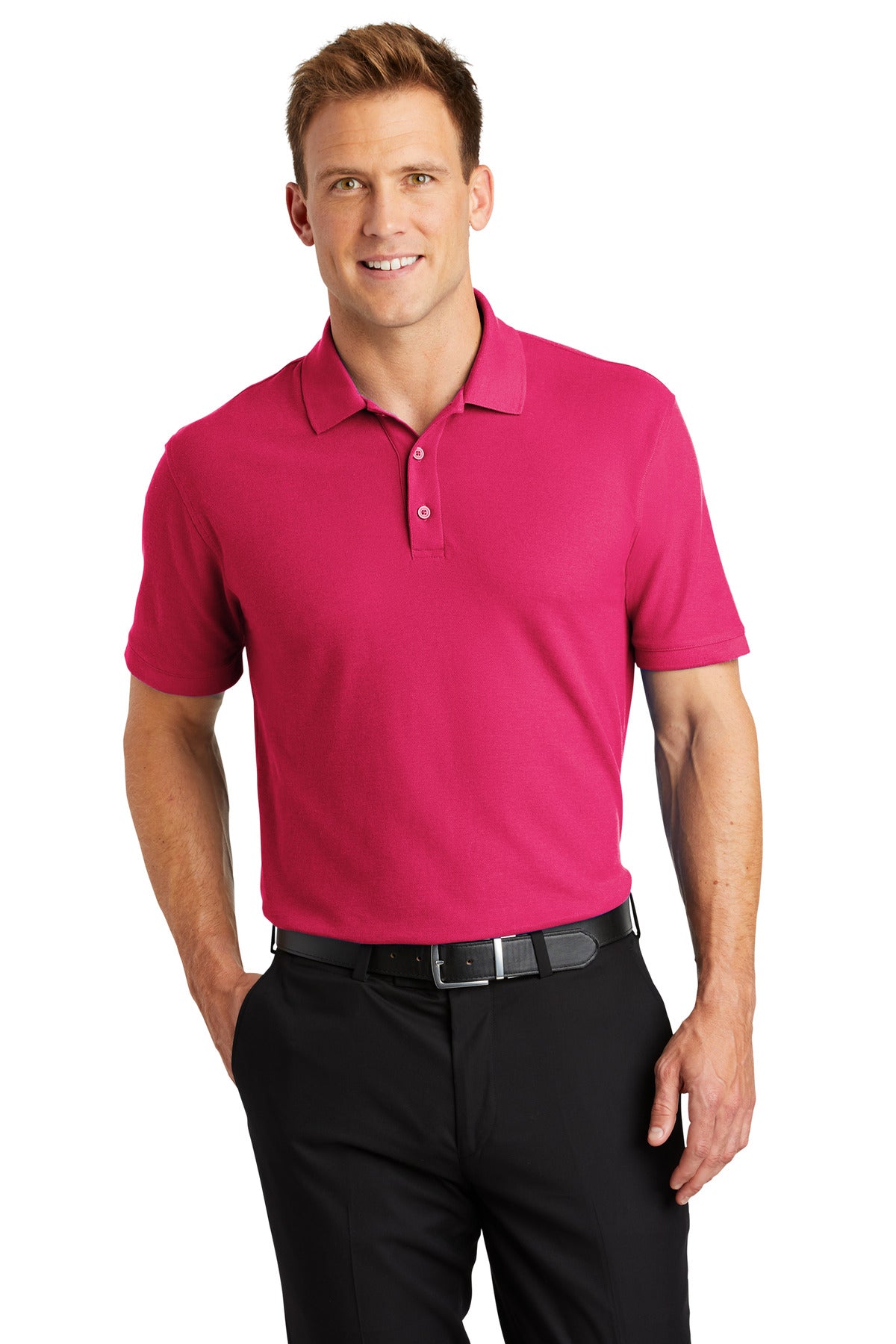 Front View of Pink Azalea Port Authority Core Classic Pique Polo. K100 plain