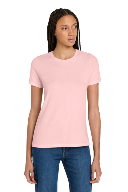 Front View of Pink BELLA+CANVAS Women's Relaxed Jersey Short Sleeve Tee. BC6400 plain
