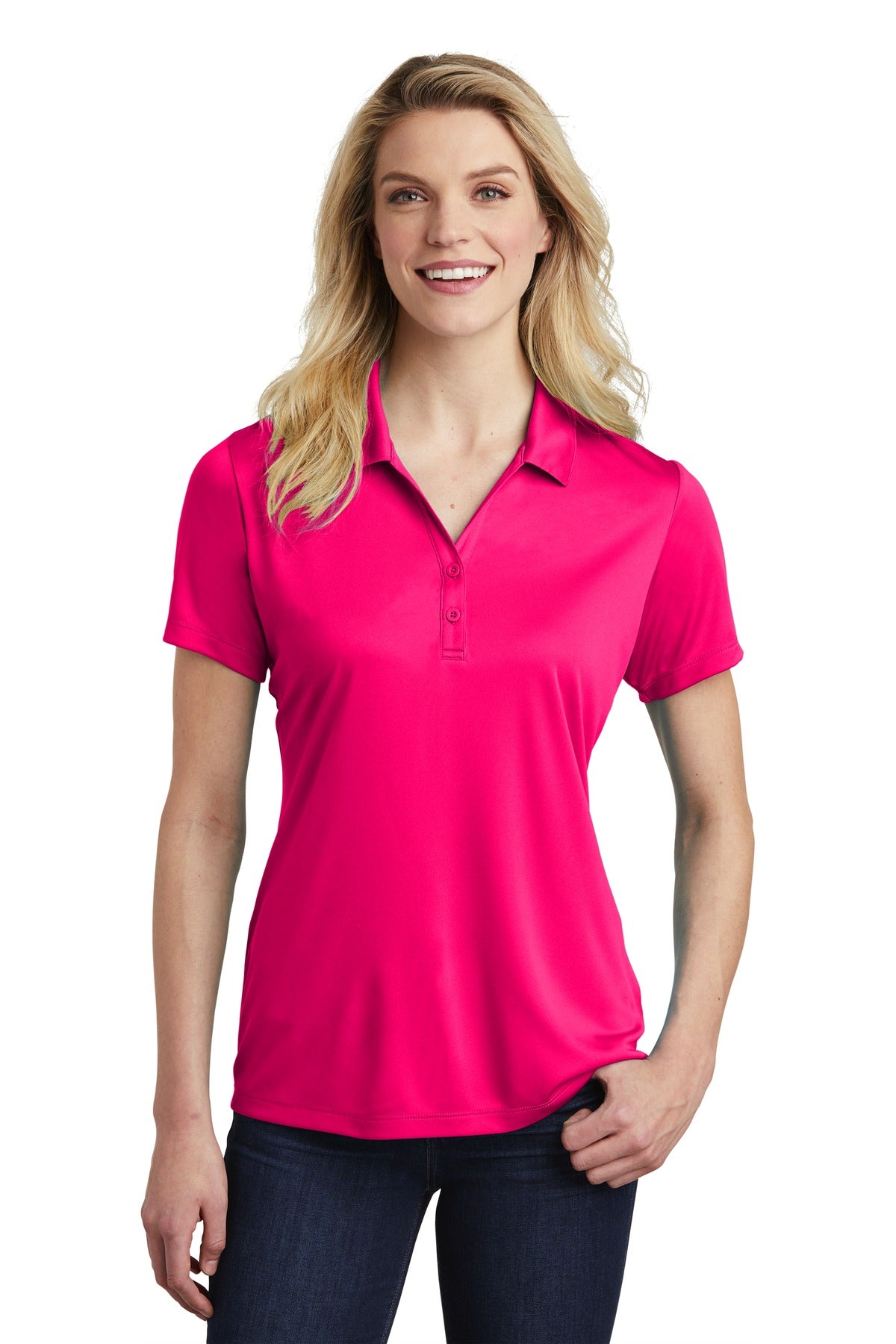 Front View of Pink Raspberry Sport-Tek Women's PosiCharge Competitor Polo. LST550 plain