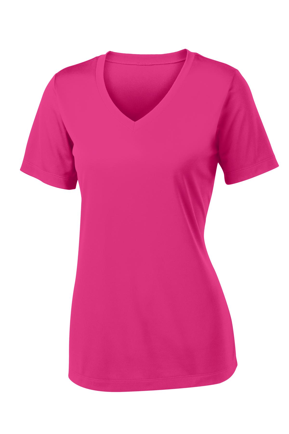 Front View of Pink Raspberry Sport-Tek Women's PosiCharge Competitor V-Neck Tee. LST353 plain