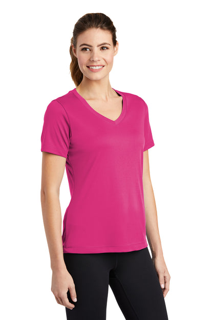 Front View of Pink Raspberry Sport-Tek Women's PosiCharge Competitor V-Neck Tee. LST353 plain