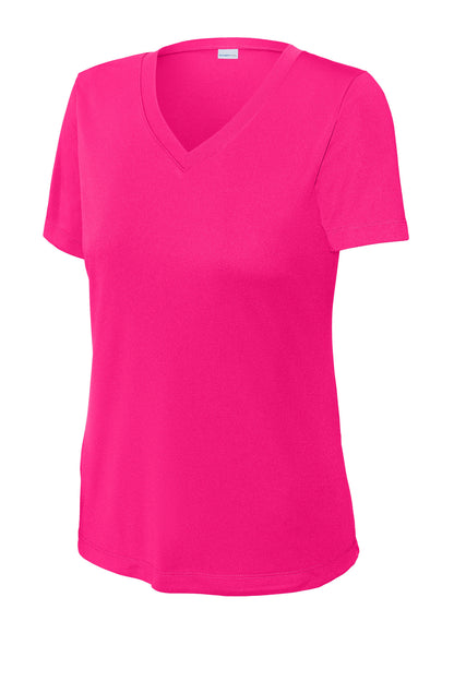 Front View of Pink Raspberry Sport-Tek Women's PosiCharge Competitor V-Neck Tee. LST353 plain