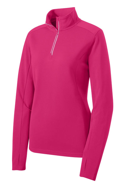 Front View of Pink Raspberry Sport-Tek Women's Sport-Wick Textured 1/4-Zip Pullover. LST860 plain