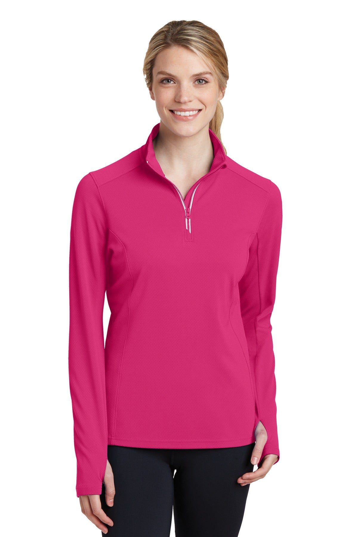 Front View of Pink Raspberry Sport-Tek Women's Sport-Wick Textured 1/4-Zip Pullover. LST860 plain