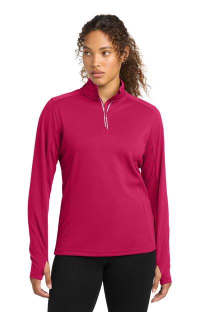 Front View of Pink Raspberry Sport-Tek Women's Sport-Wick Textured 1/4-Zip Pullover. LST860 plain