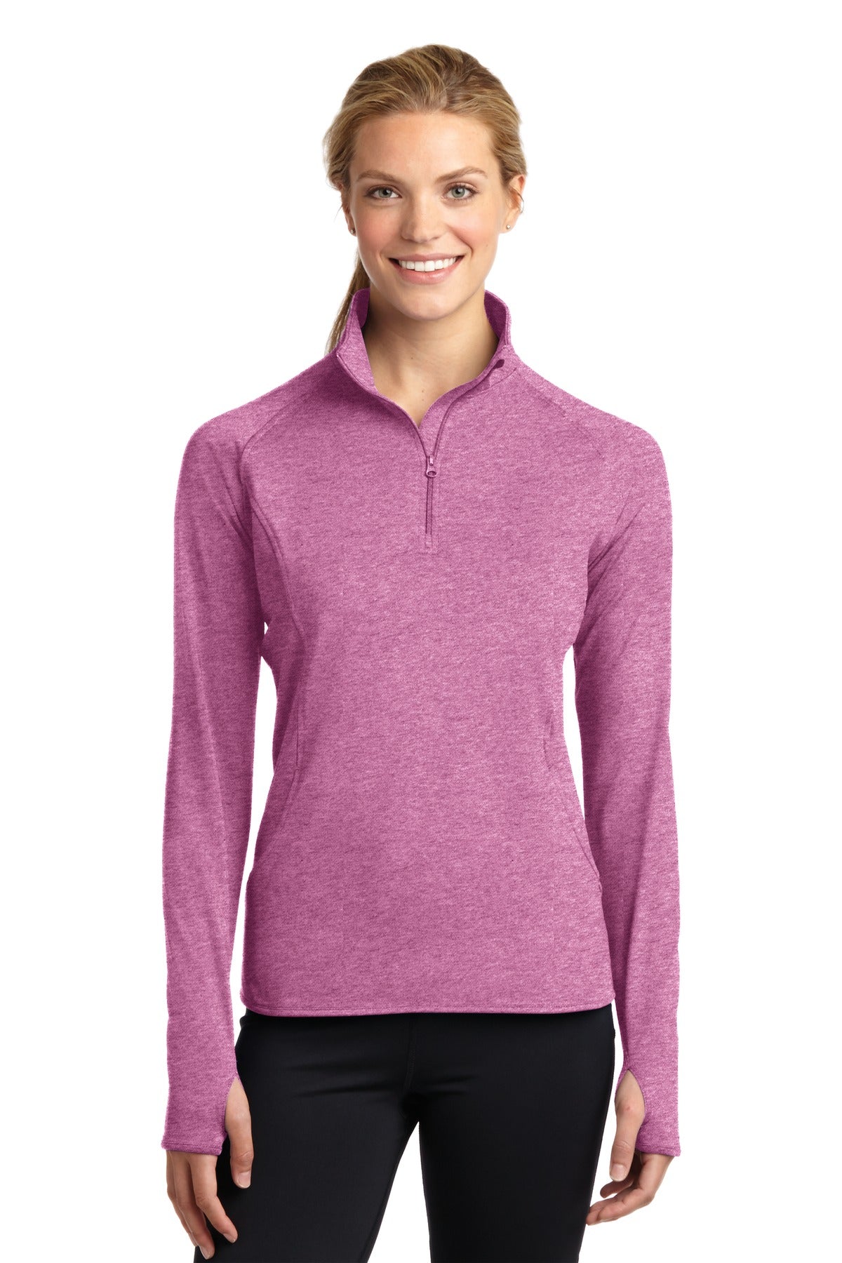 Front View of Pink Rush Hthr Sport-Tek Women's Sport-Wick Stretch 1/4-Zip Pullover. LST850 plain