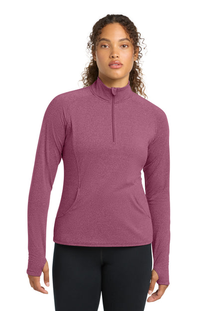 Front View of Pink Rush Hthr Sport-Tek Women's Sport-Wick Stretch 1/4-Zip Pullover. LST850 plain