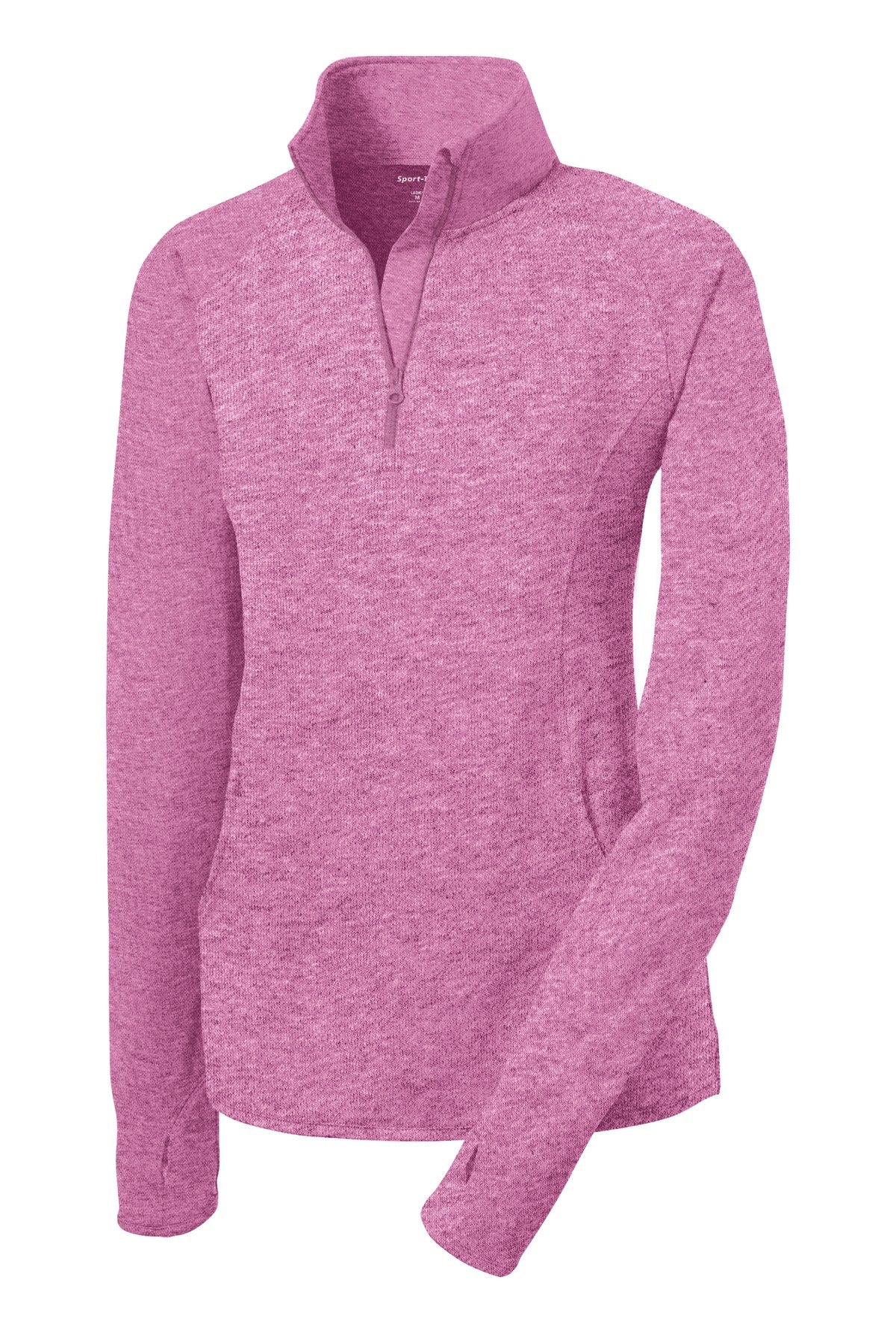Front View of Pink Rush Hthr Sport-Tek Women's Sport-Wick Stretch 1/4-Zip Pullover. LST850 plain