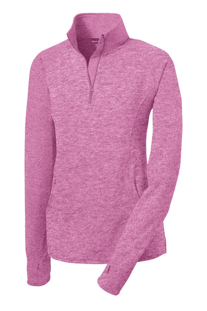 Front View of Pink Rush Hthr Sport-Tek Women's Sport-Wick Stretch 1/4-Zip Pullover. LST850 plain