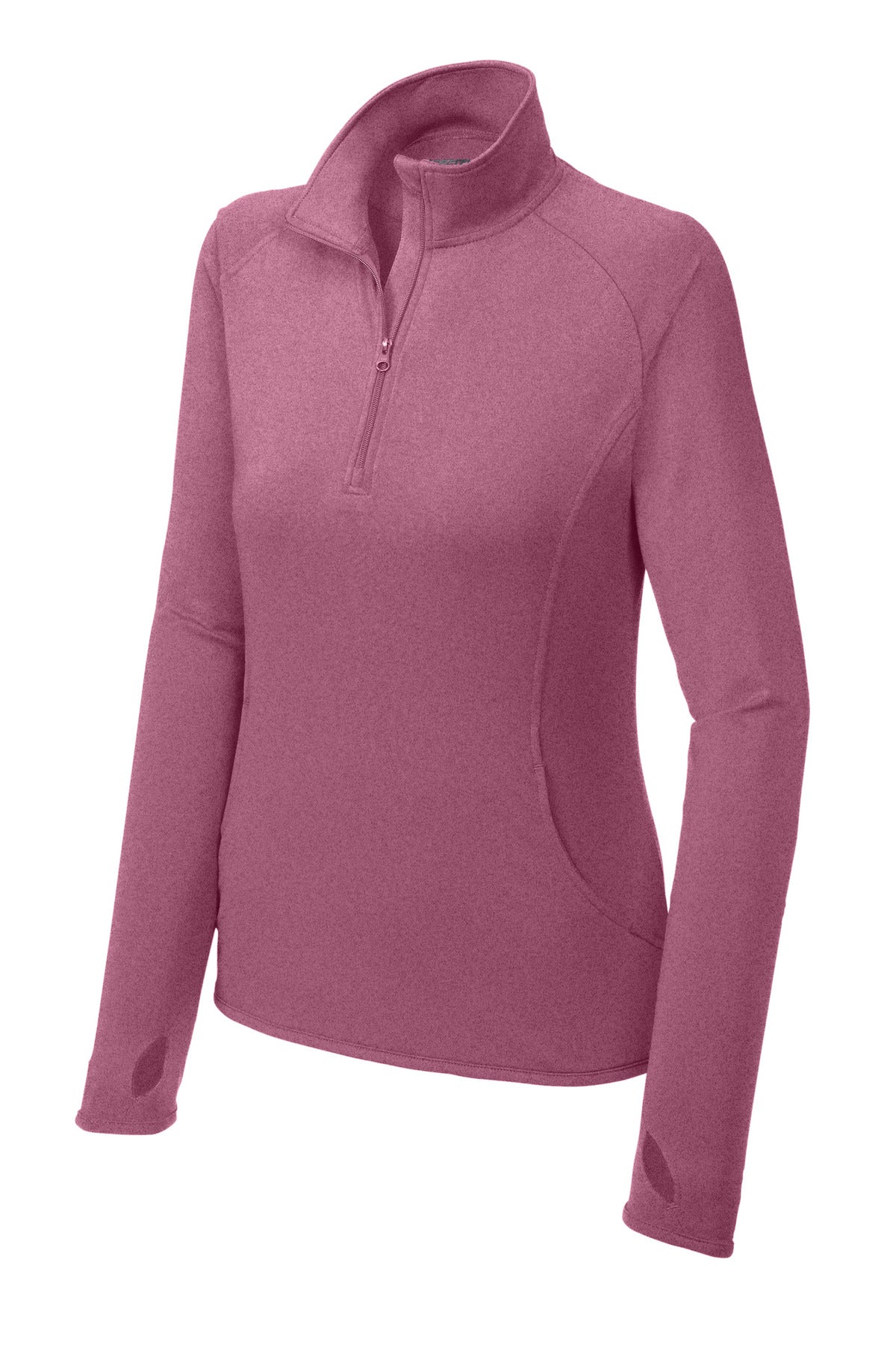 Front View of Pink Rush Hthr Sport-Tek Women's Sport-Wick Stretch 1/4-Zip Pullover. LST850 plain