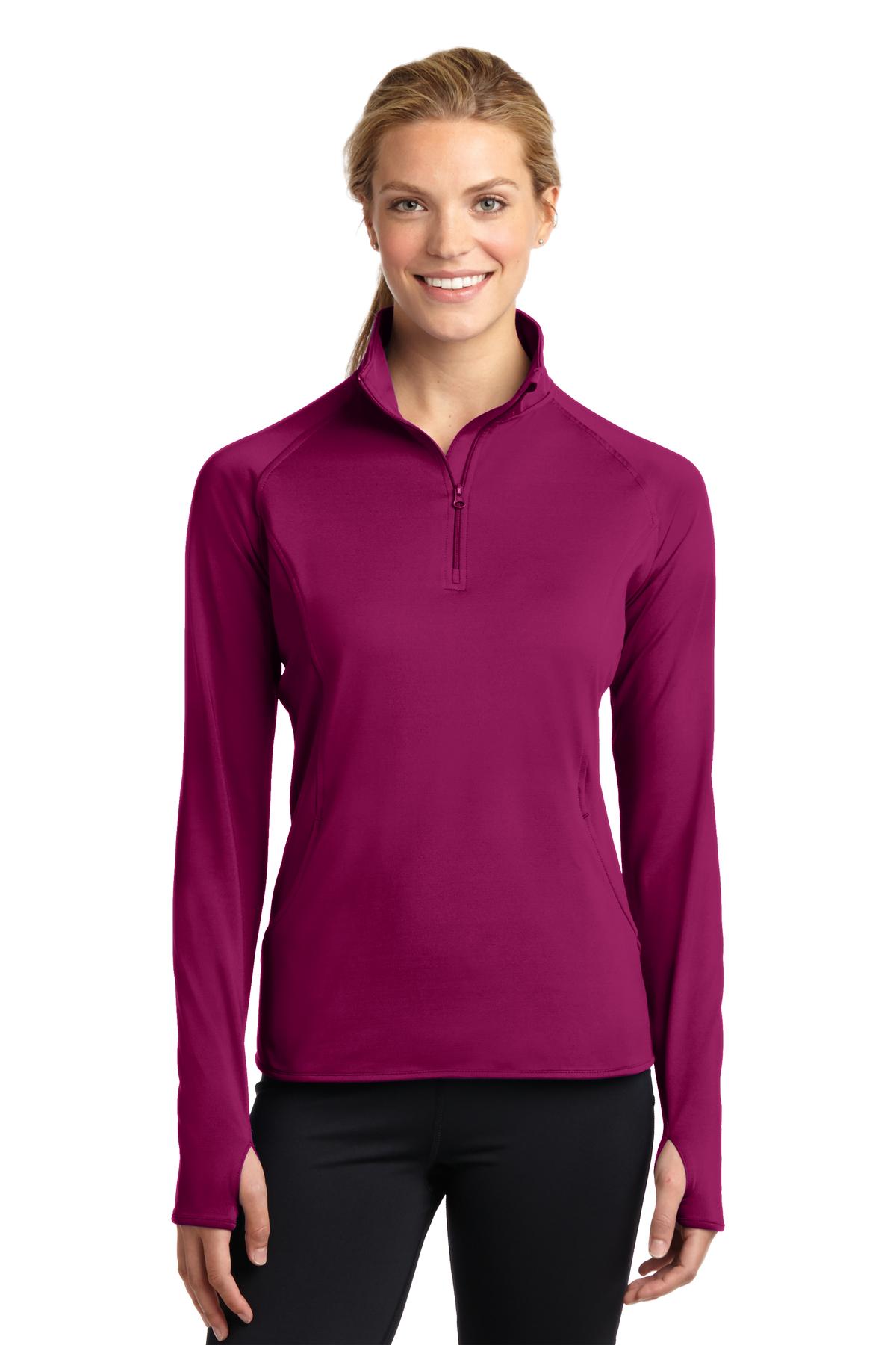 Front View of Pink Rush Sport-Tek Women's Sport-Wick Stretch 1/4-Zip Pullover. LST850 plain