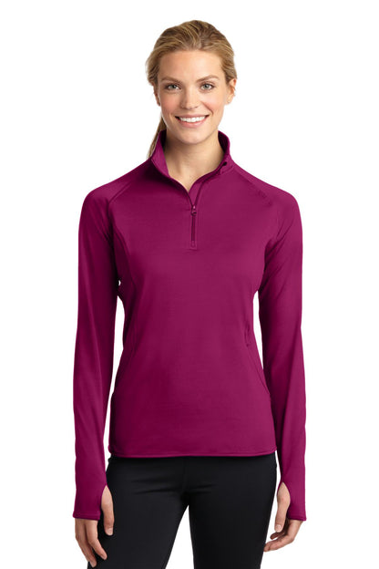 Front View of Pink Rush Sport-Tek Women's Sport-Wick Stretch 1/4-Zip Pullover. LST850 plain