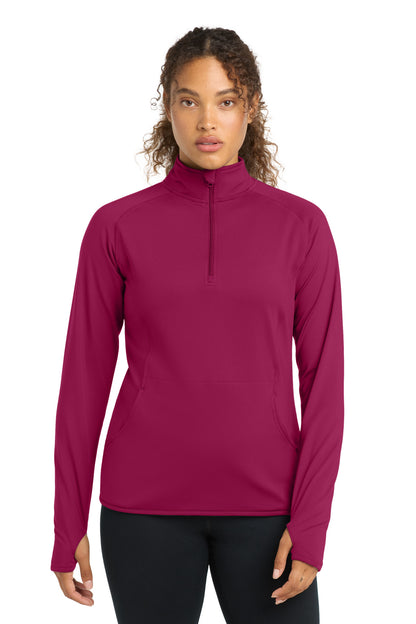 Front View of Pink Rush Sport-Tek Women's Sport-Wick Stretch 1/4-Zip Pullover. LST850 plain
