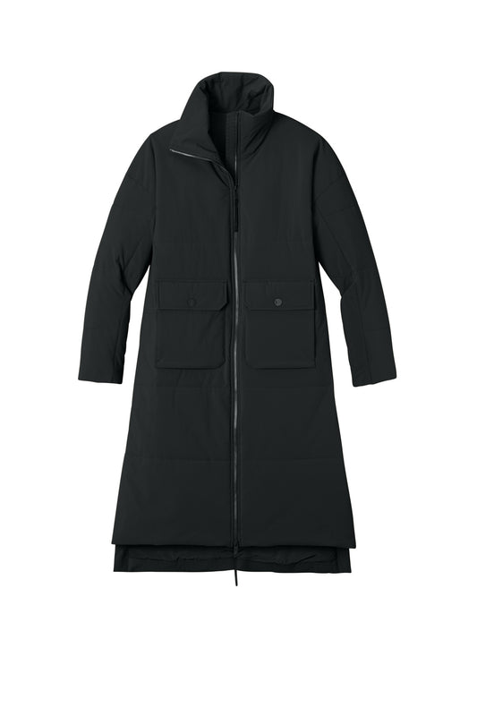 Front View of PitchBlack MiiR Women's Sashiko Stretch Puffy Long Jacket MRAW445 plain