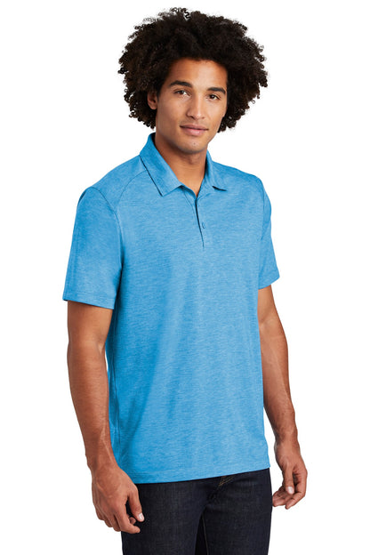 Front View of Pond Blue Hthr Sport-Tek PosiCharge Tri-Blend Wicking Polo. ST405 plain