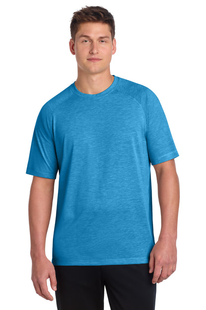 Front View of Pond Blue Hthr Sport-Tek PosiCharge Tri-Blend Wicking Raglan Tee. ST400 plain