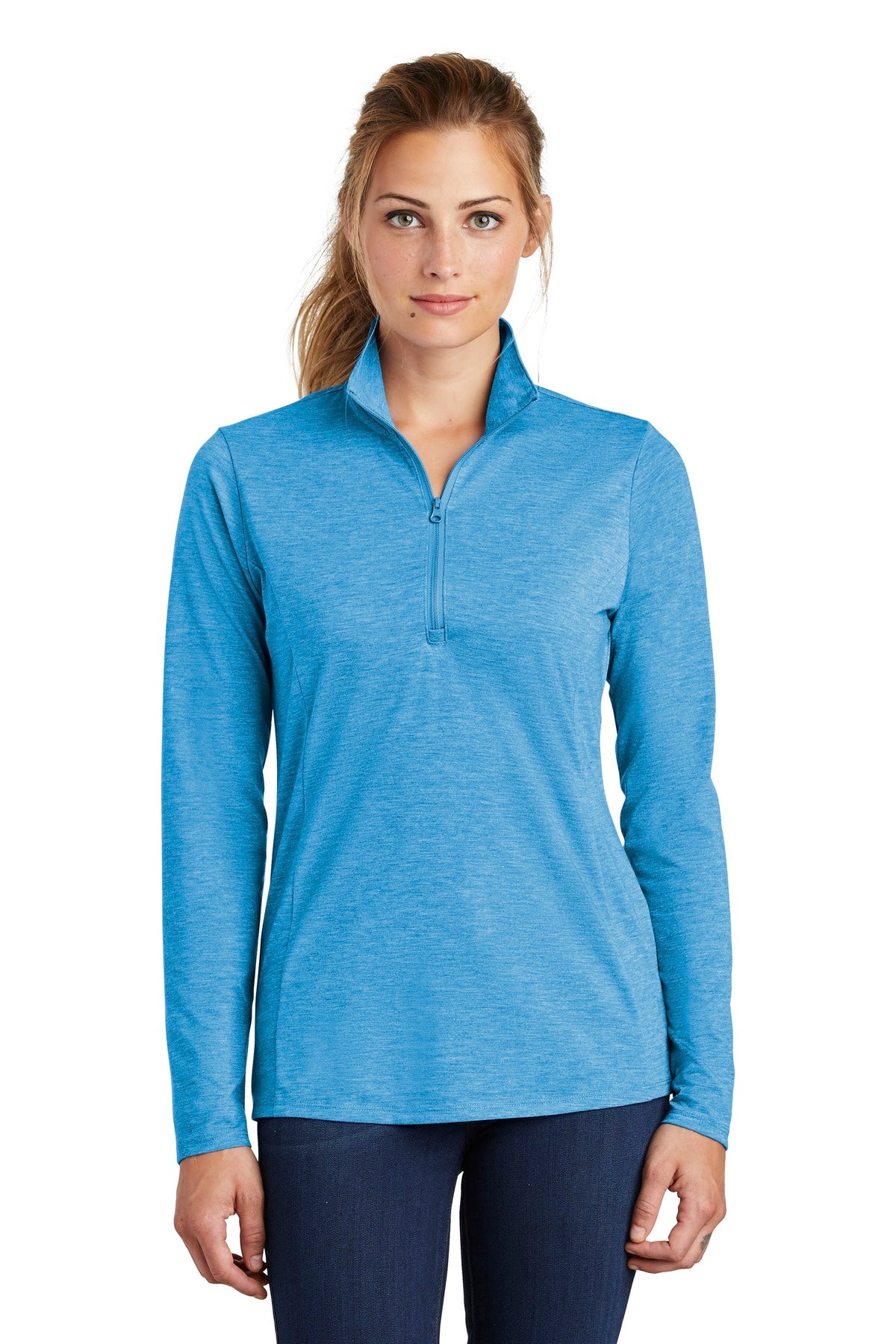 Front View of Pond Blue Hthr Sport-Tek Women's PosiCharge Tri-Blend Wicking 1/4-Zip Pullover. LST407 plain