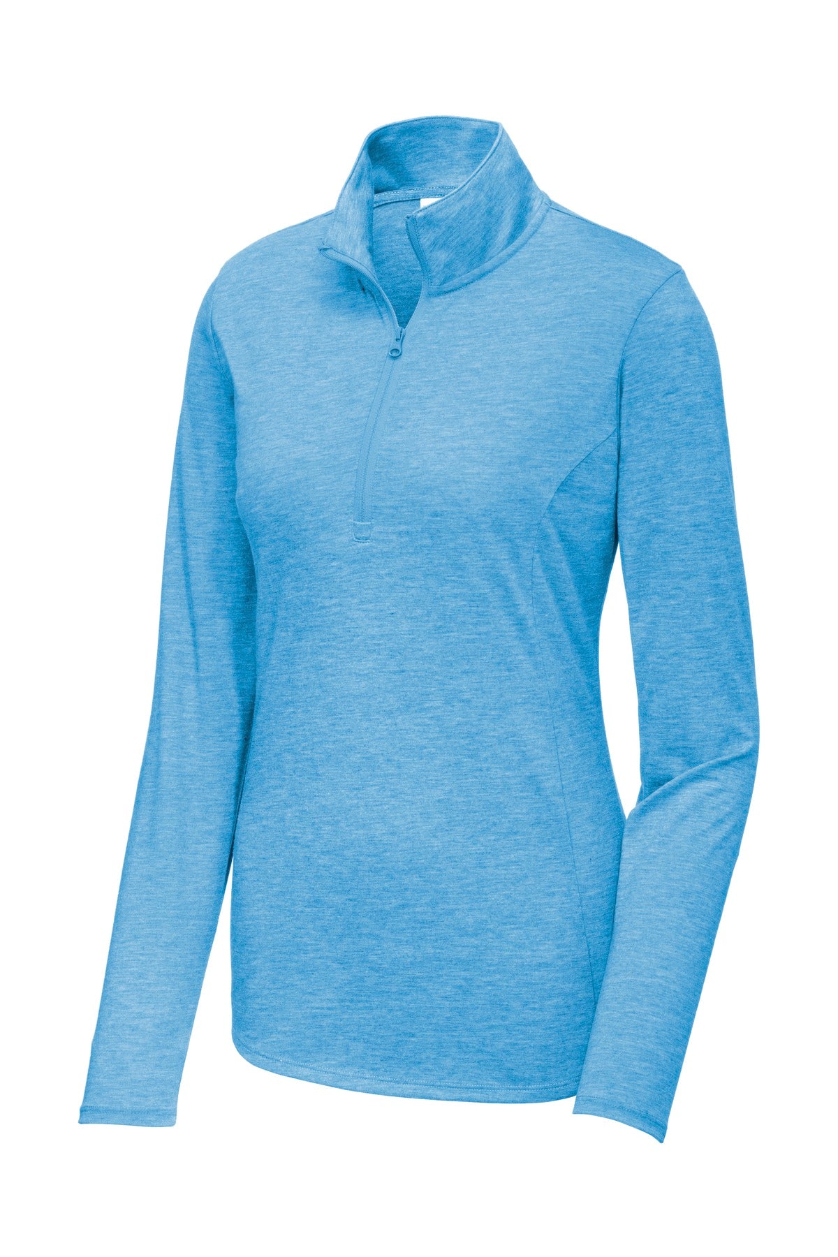 Front View of Pond Blue Hthr Sport-Tek Women's PosiCharge Tri-Blend Wicking 1/4-Zip Pullover. LST407 plain