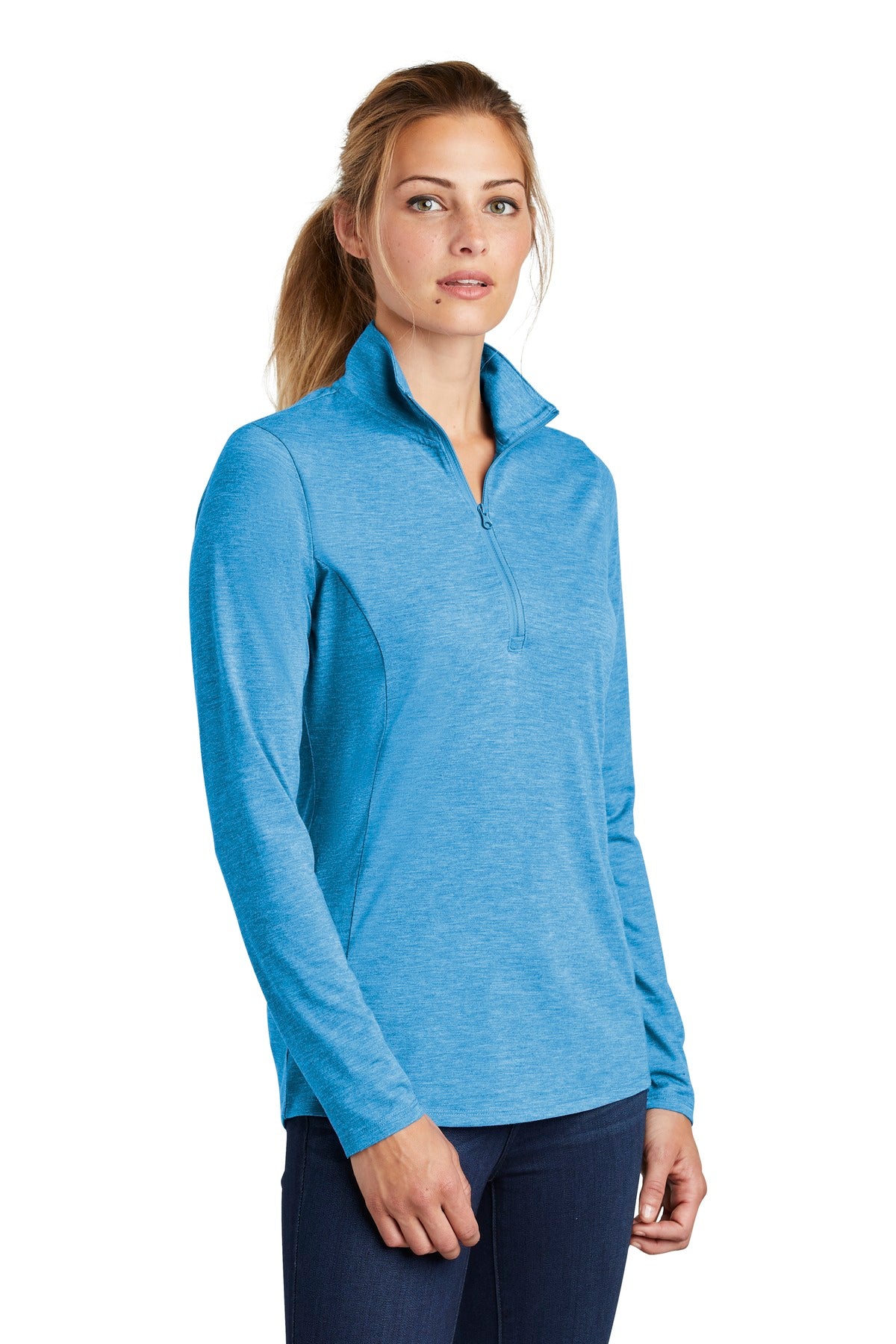 Front View of Pond Blue Hthr Sport-Tek Women's PosiCharge Tri-Blend Wicking 1/4-Zip Pullover. LST407 plain