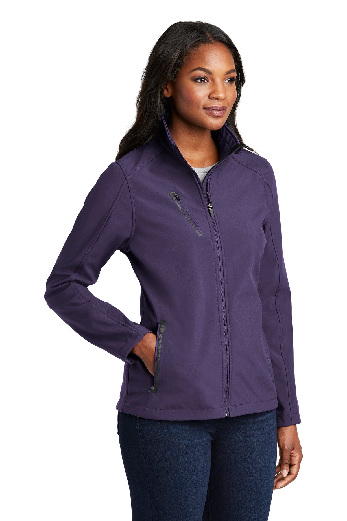 Front View of Posh Purple Port Authority Women's Welded Soft Shell Jacket. L324 plain