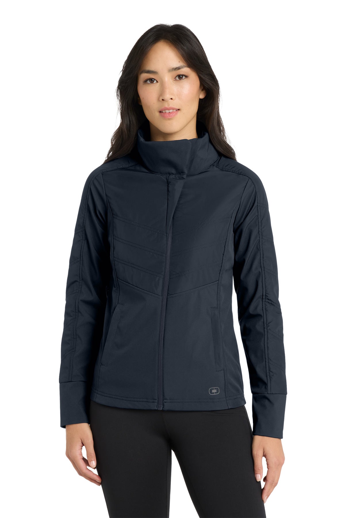 Front View of Propel Navy OGIO Women's Brink Soft Shell. LOE722 plain