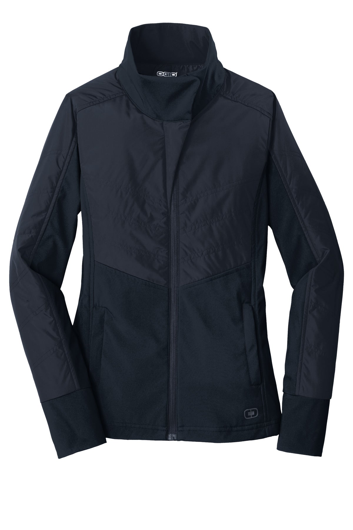 Front View of Propel Navy OGIO Women's Brink Soft Shell. LOE722 plain