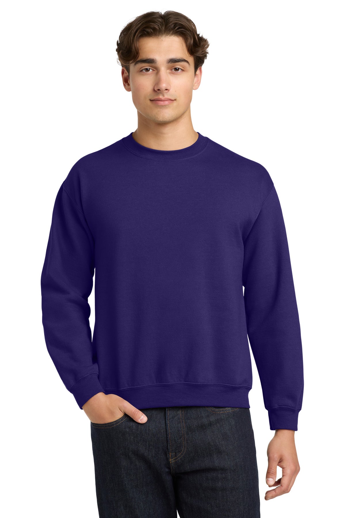 Front View of Purple Gildan Heavy Blend Crewneck Sweatshirt. 18000 plain