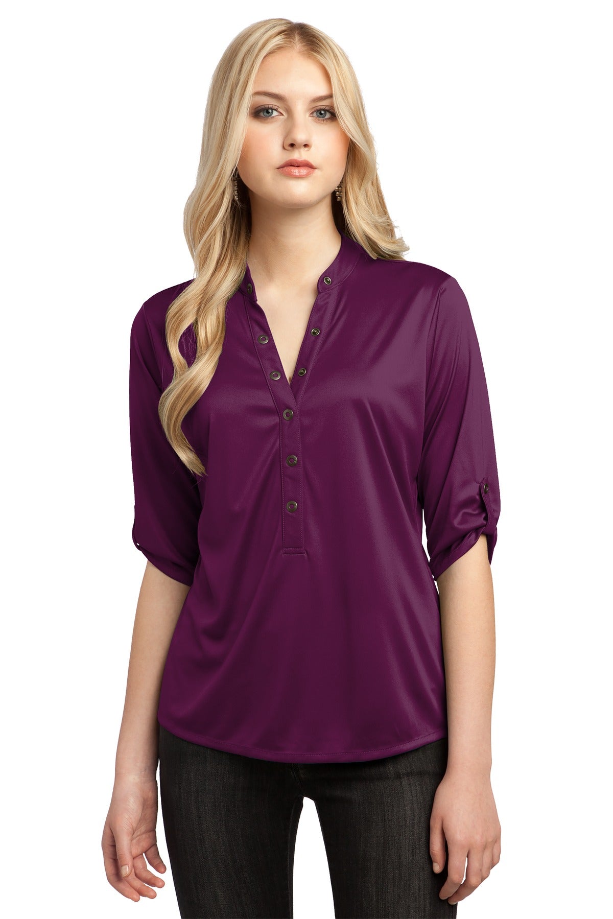 Front View of Purple Luxe OGIO - Crush Henley. LOG111 plain