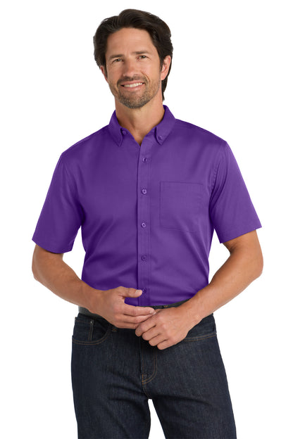 Front View of Purple Port Authority Short Sleeve SuperPro React Twill Shirt. W809 plain