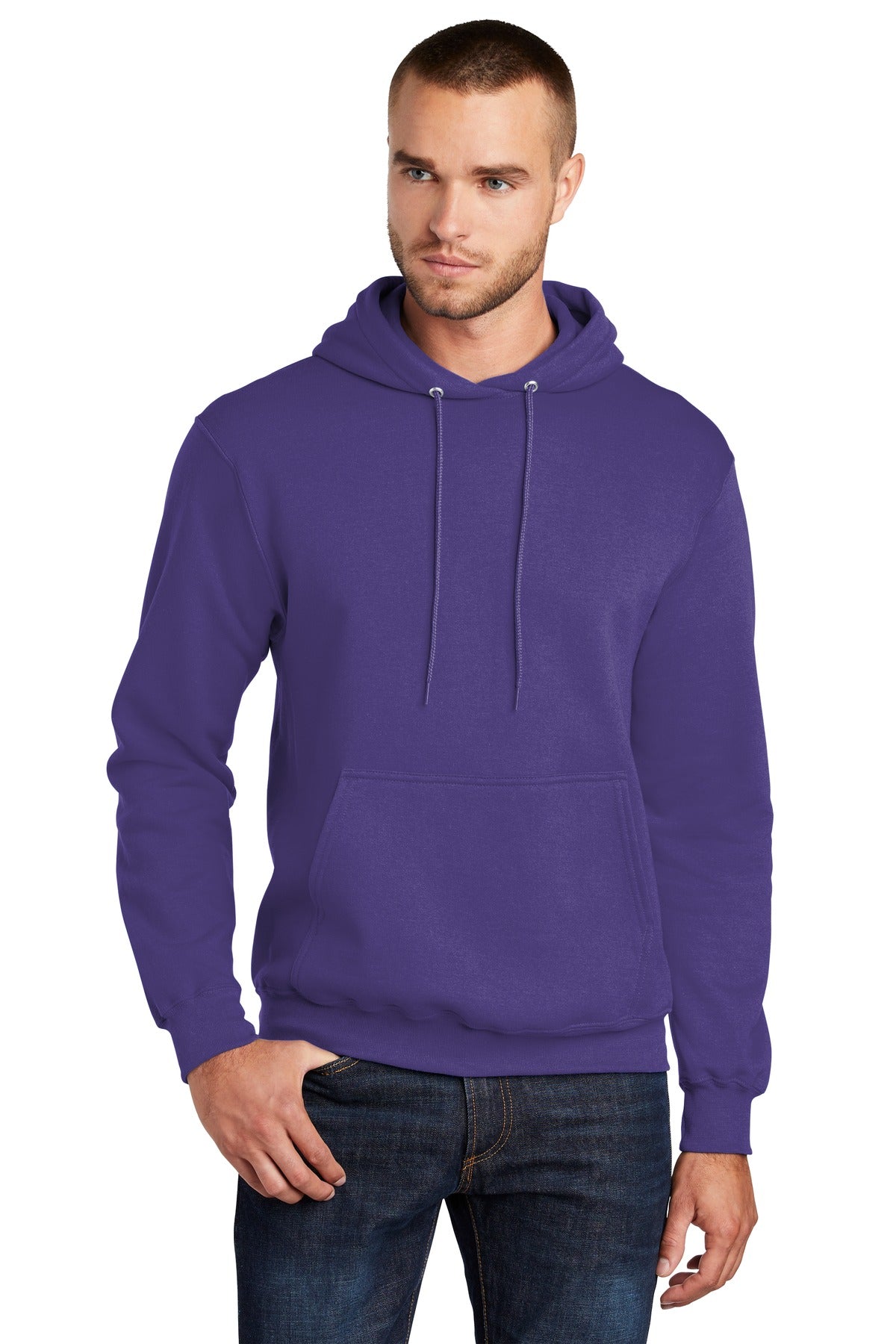 Front View of Purple Port & Co Core Fleece Pullover Hooded Sweatshirt. PC78H plain