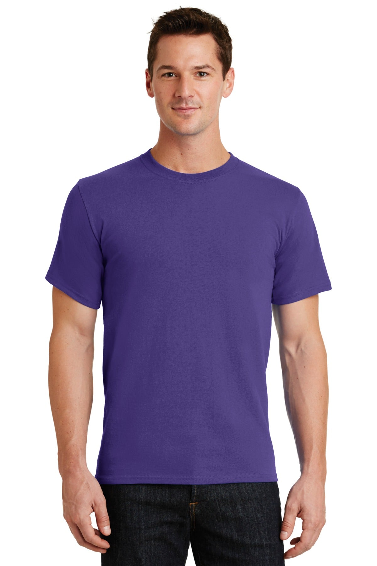 Front View of Purple Port & Co Essential Tee. PC61 plain