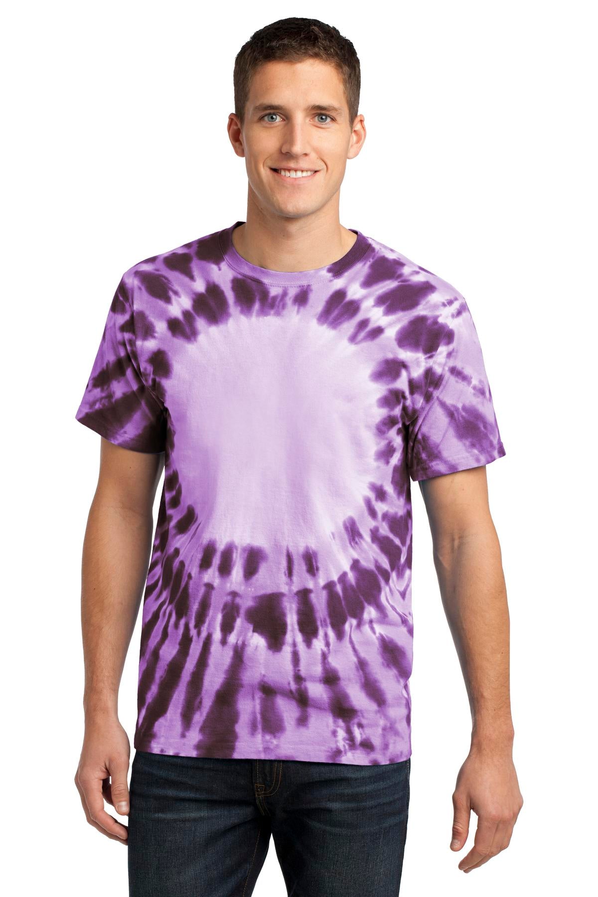 Front View of Purple Port & Co Window Tie-Dye Tee. PC149 plain