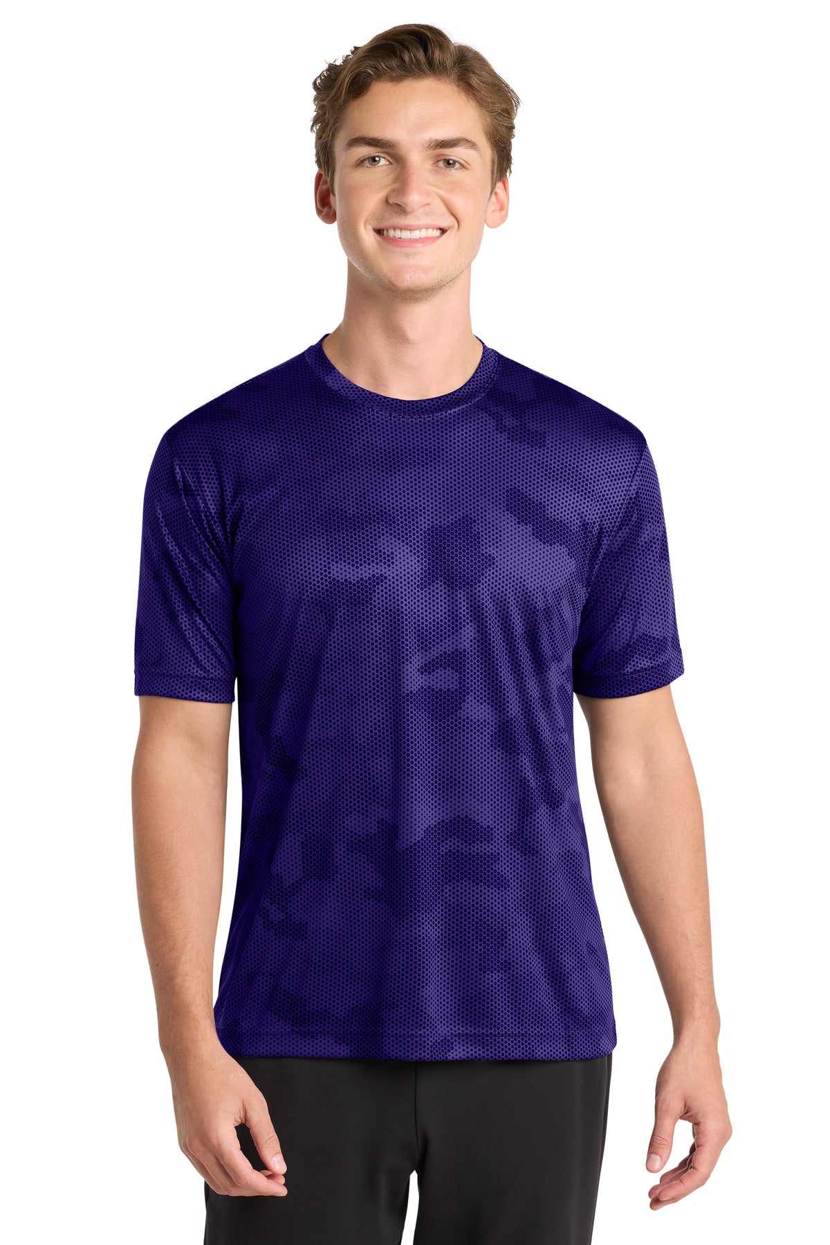 Front View of Purple Sport-Tek CamoHex Tee. ST370 plain
