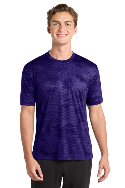 Front View of Purple Sport-Tek CamoHex Tee. ST370 plain