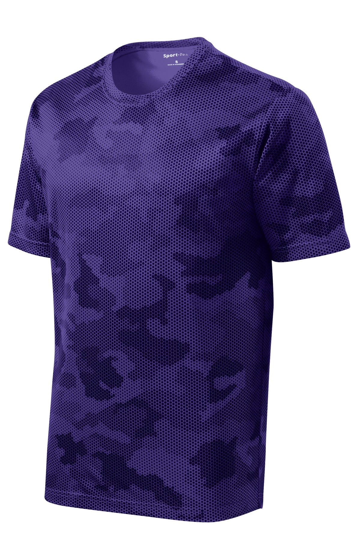 Front View of Purple Sport-Tek CamoHex Tee. ST370 plain