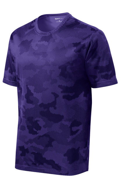 Front View of Purple Sport-Tek CamoHex Tee. ST370 plain